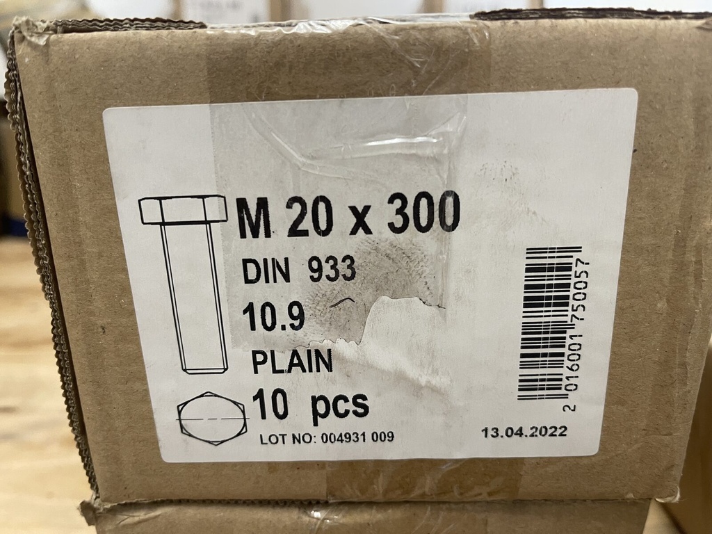 Sechskantschraube M20x300 DIN 933, 10.9, blank